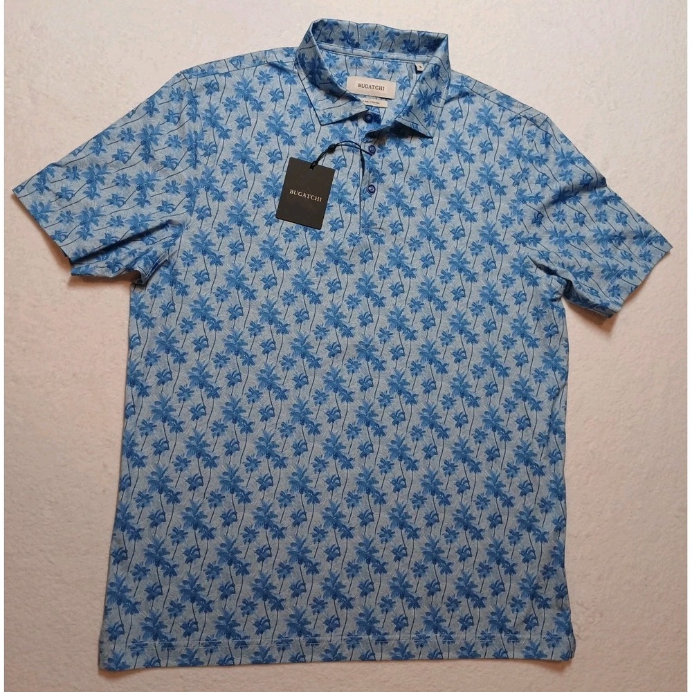 BUGATCHI Men's S Polo Shirt Blue Palm Tree Print OoohCotton 8-Way Stretch NWT